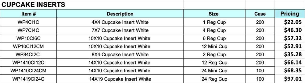 cupcake insert pricing sheet